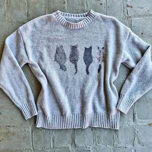 Cute gray intarsia cat print knit sweater L